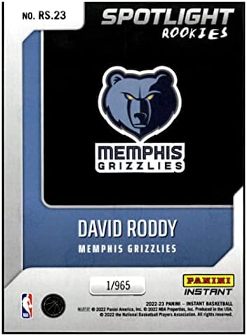 David Roddy RC 2022-23 Panini Instant Spotlight Rookies /96523 Grizzlies NM+ -MT+ NBA Basketball