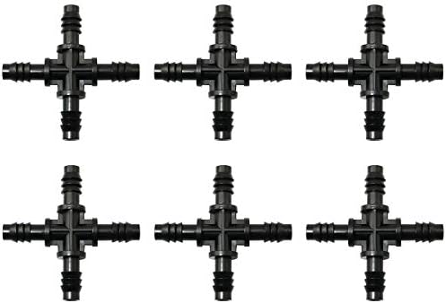 ZRM & E E 3/8 Pinch Conector Cross 6pcs 3/8 Black Plasticcross Cross de 4 vias Mangueira Factings Splitters com farpado para canteiro de flores, horta, hidroponia e tubulação de gotejamento