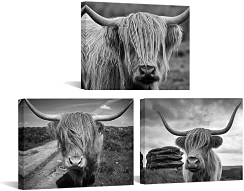 Simiwow 3 peças Arte da parede animal Highland Cow Picture Decoração de parede de parede preto e branco Paisagem de pintura de fazenda