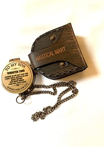 Bússola de bolso náutico exclusivo para acampar viajando para meu filho gravado Botão de bronze artesanal em corrente