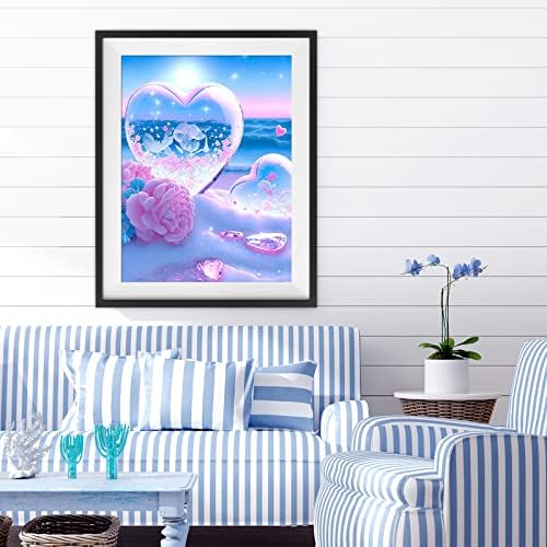 Mxjsua 5d kits de pintura de diamante diy para adultos, kit de arte de diamante de rosa de coração kit de pintura de diamante de praia completa para crianças iniciantes, arte de cistão para decoração de parede em casa 12x16 polegadas