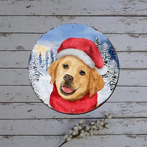 METAL Feliz Natal sinal de natal cachorro de estimação fofa de inverno cena nevada redonda lata de metal sinal