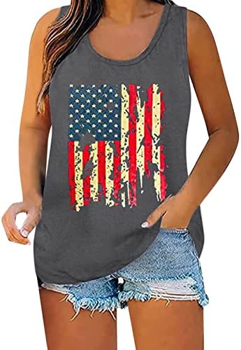 4 de julho Tampo de tanques para mulheres sem mangas U Pescoço T-shirt American Flag Star