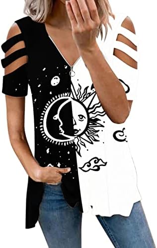 Camisas de manga comprida femininas Mulheres de verão T Tunic de manga curta V de pescoço com zíper ombros frios ombros