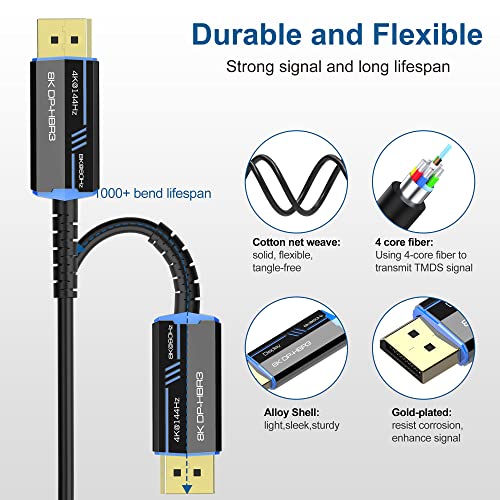 Cabo de fibra óptica de 8k de comprimento DP 100feet/30m, 8k@60Hz, 4K@144Hz, 32,4 Gbps DisplayPort 1.4 Cabo, conector de