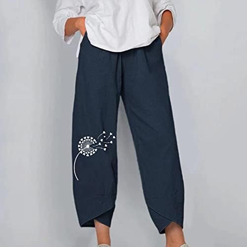 Calças de linho para mulheres 2023 Summer Wide perna as calças elásticas da cintura floral Fit Fit Beach Cropped calças folgadas