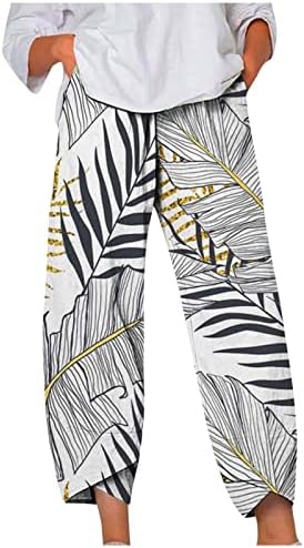 Calças Capri para mulheres calças casuais de linho de algodão solto cintura elástica Capris calça calças de perna larga floral laral