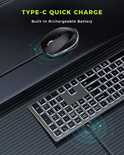 Teclado e mouse sem fio - Seenda recarregável silencioso teclado em tamanho real e combinação de mouse com retroiluminação, compatível
