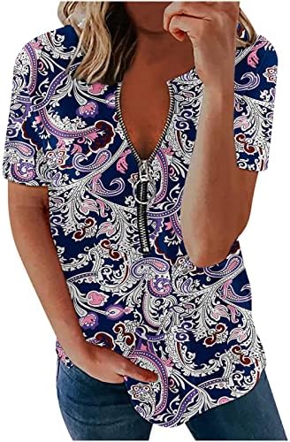 Tops de verão femininos Moda Moda Moda Zíper Camisas Camisetas Florais V Pescoço Longo Blouses Confortáveis