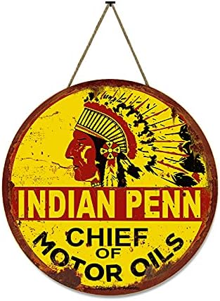 Aowotu Indian Penn Signo Chefe de Motor Oils redonda Madeira pendurada Pintura de parede Poster retrô para garagem Motocicleta Man Cave Home Bar Gift 11,8 × 11,8 polegadas