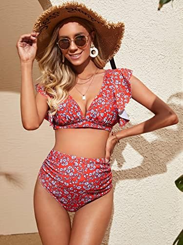 Maternidade feminina Makemechic Two peças Swimsuit Floral Ruffle Slave High Wistide Bikini Set