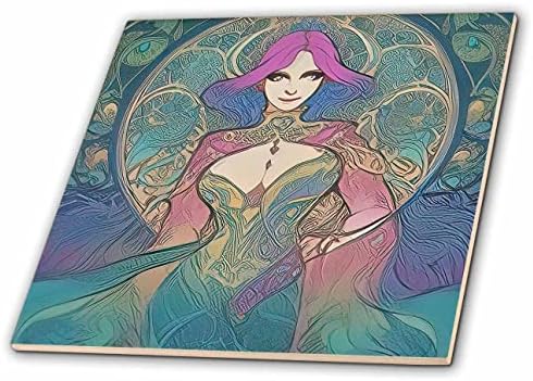 3drose Art Nouveau Mulher. Linda deusa de fantasia com presente de cabelo roxo - azulejos