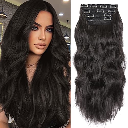 Clipe em extensões de cabelo sintético onduladas longas 4pcs de grossa de grossa de fibra marrom preta Extensões de cabelo naturais