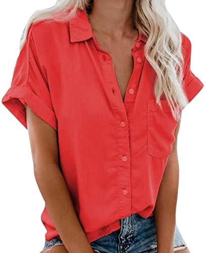 Manga curta Top Womens Summer Summer Fall Roupos Trendy Fit Button Up Up Up Top Basic Top para mulheres 5p 5p