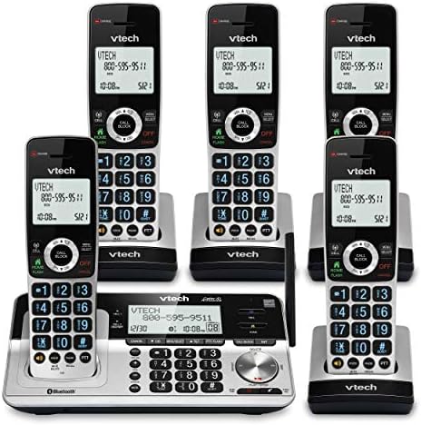 VTECH VS113-5 Faixa estendida 5 telefone sem fio telefone para casa com bloqueio de chamadas, conecte-se ao celular Bluetooth, tela de retroiluminamento de 2 , botões grandes e sistema de resposta, prata e preto