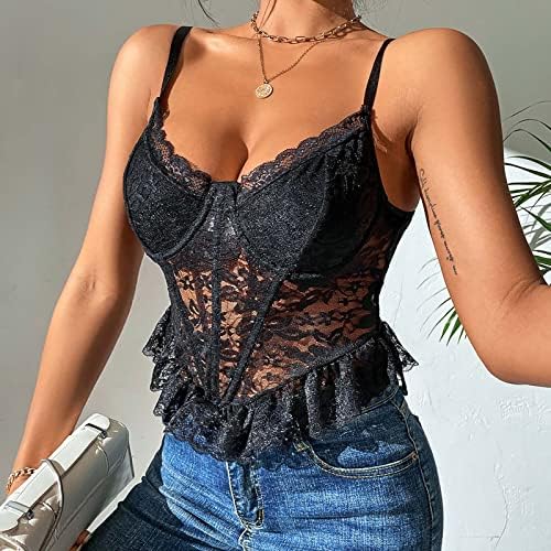 Womens Lace Cami Crop Tops Sexy V pescoço Bustier Corset Spaghetti Strap Camisole Bralette O treino clubwear Rave Party