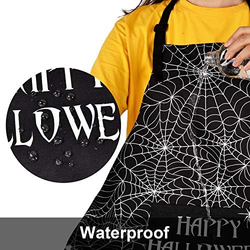 Avental feliz do Halloween para cozinhar, o avental de churrasco da web branca de aranha com bolsos, avental de cozinha