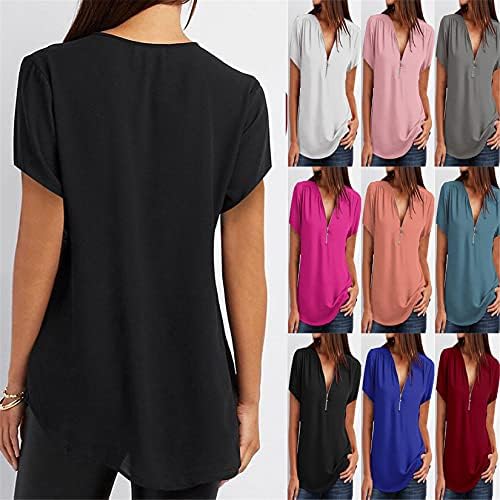 Andongnywell Women Solid Color Casual V Decote Mangas curtas Blusa de chiffon sólida camisa de chiffon solta