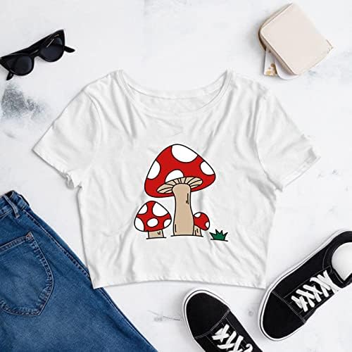 Camisas de manga curta feminina colorida cogumelo de cogumelo tops da tripulação camisetas casuais camisetas de pulôver de verão