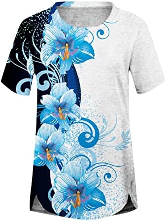 Camisa feminina de flor de borboleta de borboleta impressão de borboleta impressão casual solteira solteira de manga curta redonda do pescoço