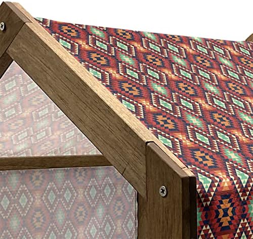Casa de animais de estimação de madeira tribal lunarable, ornamento colorido de mosaico folclórico com influências tradicionais