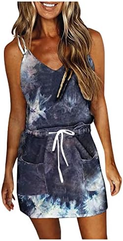 Vestidos de sol femininos de verão casual tie-dye estampestos largo mangas de bolso de bolso de bolso de bolso de bolso em V