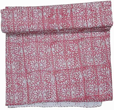 TheHandicraftworld Quilt Floral Piece reversível, King, Rosa Floral Kantha Quilt Block Hand Print Indian Bedra Blankted Throws