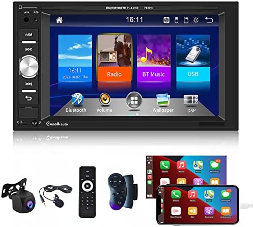 Double Din Car Stéreo Compatível com Apple CarPlay, Android Auto Multimedia Player 6.2 ”HD Touchscreen Bluetooth Audio Radio Radio