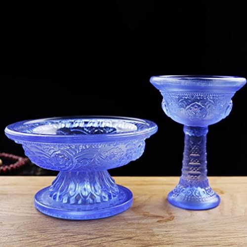 Ultnice Blue Decor 2pcs água budista que oferece tigas de vidro oferecendo tigela para uso de altar rituais incenso tibetano budista decoração de decoração de decoração