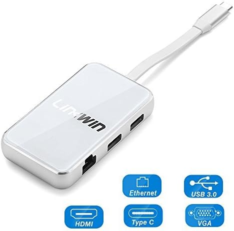 Usb C Hub, adaptador multitor USB C, 6 em 1 vidro temperado USB C a HDMI, VGA, carregamento USB C, 2 portas USB 3.0, RJ45 Gigabit Ethernet, USB C Dock Dongle Compatível Apple MacBook Pro 13/15