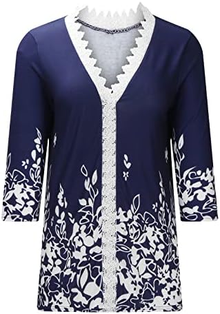 Crochê de renda de pescoço feminino Tops casual solto 3/4 blusas de manga Fall moda moda estampa floral camisetas básicas camisetas