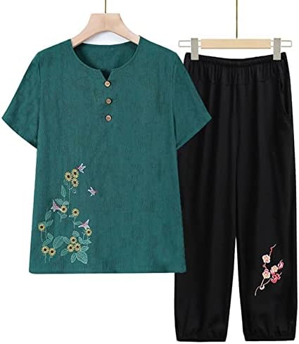 Roupas de verão de 2 peças para mulheres plus size casual manga curta camiseta e calça conjuntos idosos ioga confortável