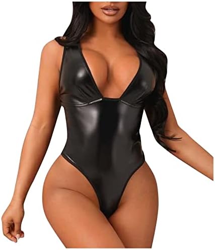 Mulher Bodysuit de couro Sexy V pescoço sem mangas tampas de tanques senhoras lingerie sem costas Teddy One Piece Swimsuit