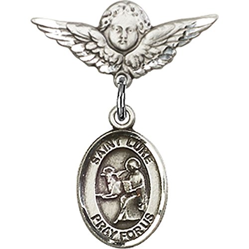 Crachá de bebê de prata esterlina com St. Luke, o apóstolo, charme e anjo com WINGS BLAGE PIN 7/8 x 3/4 polegadas