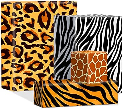 Oxylipo 8 lençóis Safari Animais embrulhados, 4 padrões de leopardo tigre zebra girafa Reciclável papel embrulho papel para crianças meninos presentes festa de aniversário parto bebê jungle animais embrulhando presente de presente