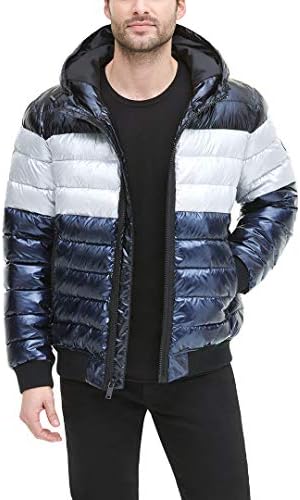 Jaqueta de bombardeiro com capuz de desempenho acolchoado de DKNY masculino