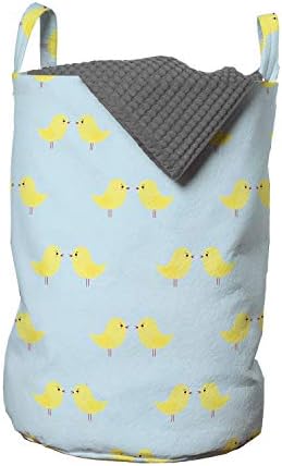 Bolsa de lavanderia de pássaro amarelo de Ambesonne, padrão de galinhas de desenho animado, cesta de cesto com alças fechamento