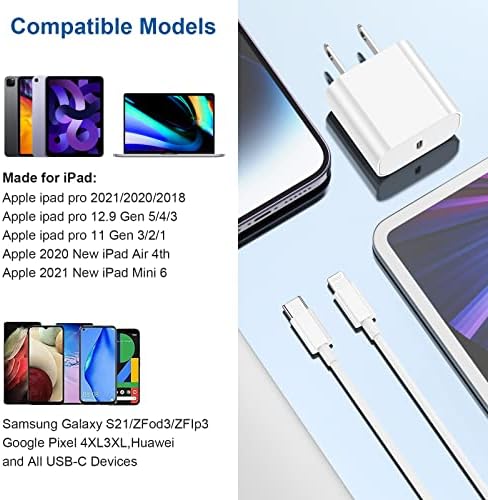 20w USB C Bloco de carregamento rápido para iPad Pro 12,9/11/10,9 polegadas 5/4/3/2/1 1ª geração/2022/2021/2020/2018, adaptador