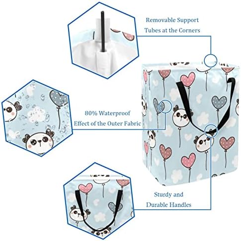 Padrão de panda e formato de coração Balão estampa de lavanderia dobrável, cestas de lavanderia à prova d'água de 60l