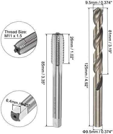 Uxcell Tap & Bit Sets, M11 x 1,5 h2 H2 Flute Machine Threading Tap, 9,5mm M35 Cobalt High Speed ​​Twist Drill Bit Bit Bit