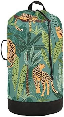 Leopardos Folhas tropicais Bolsa de roupa pesada Mochila de roupa pesada com alças e alças de viagem Bolsa de roupas com tração de tração de tração Organizador de roupas sujas para vestuário para roupas de roupa