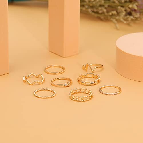 Honsny 8pcs 14k Batilhamento de ouro anéis de empilhamento para mulheres anéis de junta empilhável de prata de ouro