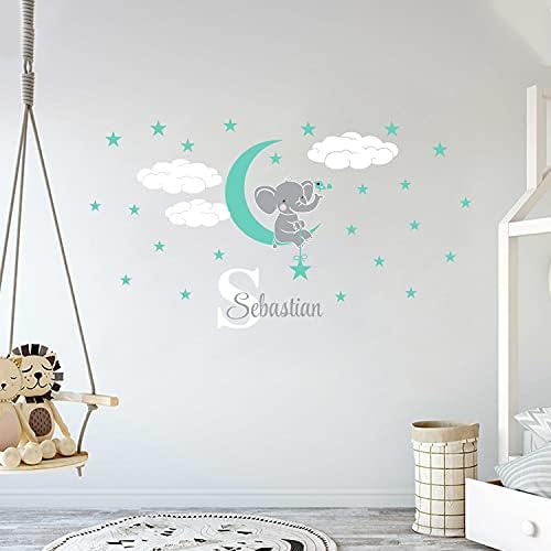 Nome personalizado e estrelas e nuvens de elefantes iniciais - Prime Series - Baby Girl - Berçário de parede para decalques para