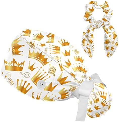Coroas douradas Padrão Branco branco Bapa de trabalho com botões ， Tampa de esfoliação cirúrgica ajustável com cabelo arco -arco