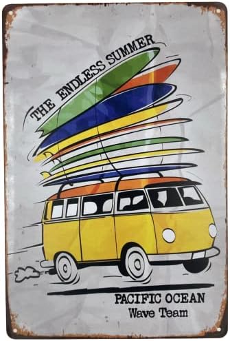 Forever_USA Tin Sign | Sinal de parede de metal | Ônibus de surf The Endless Summer Surf Team 8 x 12 pol. | Sinal decorativo