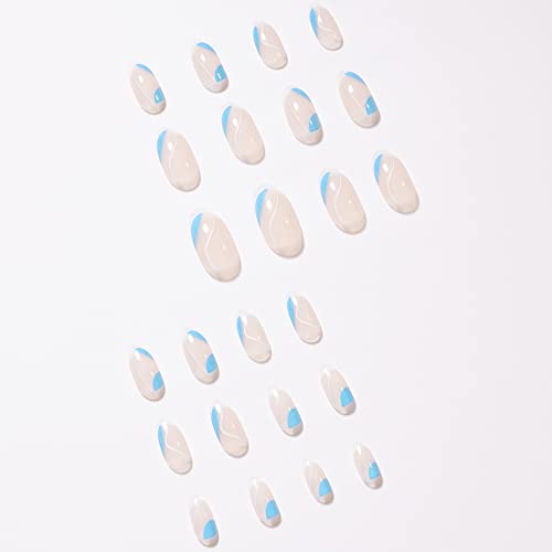 24 PCs Pressione curta em unhas, amêndoa fofa pregos falsos acrílicos com desenhos, linhas azuis e brancas, unhas