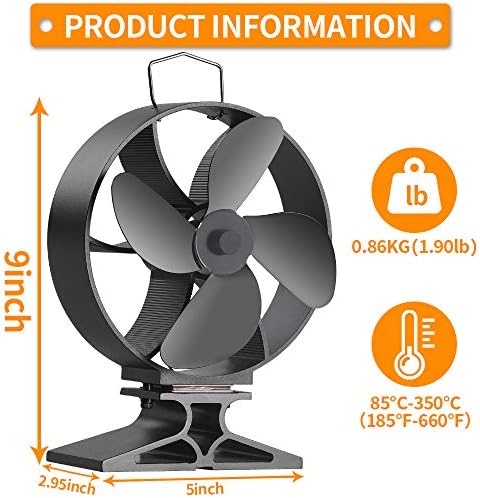 Morinoli atualizou 4 Blade Firplace Fan Foot Fan Powerd Stove Fan para Burner de madeira/tronco/lareira, ventilador de distribuição de calor amigável e eficiente, preto, redondo