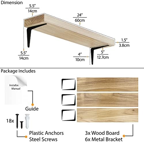 Prateleiras flutuantes de Wallniture Arras de 24 para parede, estante de parede Decoração da sala de estar, prateleira flutuante para cozinha, prateleiras de parede para decoração do quarto, prateleira de parede do banheiro e decoração de escritório conjunto de 3, queimado, madeira