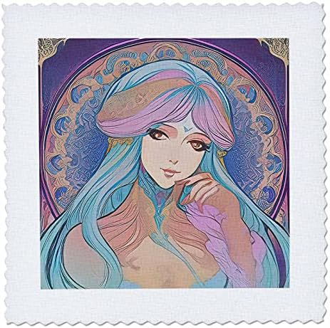 3drose Art Nouveau Mulher. Uma linda senhora com cabelos azuis. Positivo. - Quilt quadrados