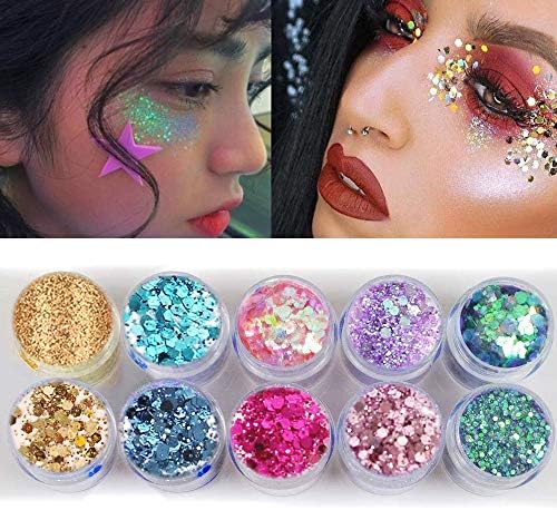 10 conjuntos de lantejoulas de glitter holográfico, brilho de cabelo para maquiagem festiva, brilho grossa de sereia para olhos,